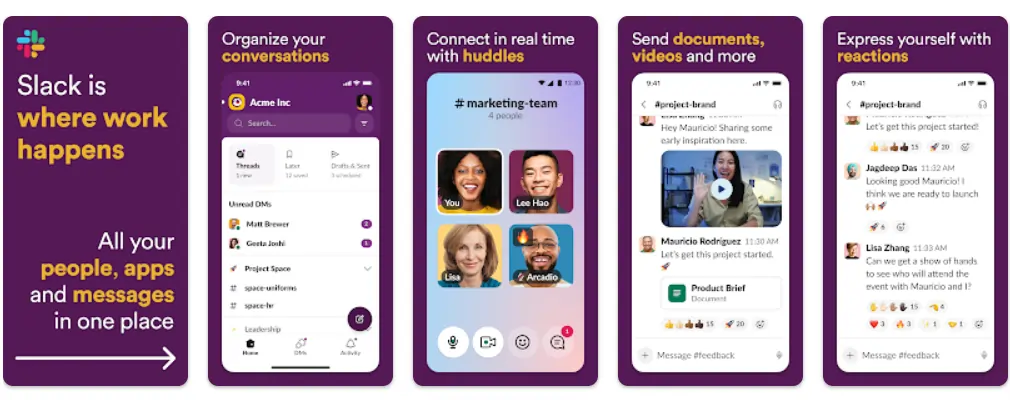 Screenshots of the Slack app from the Google Play Store product page.