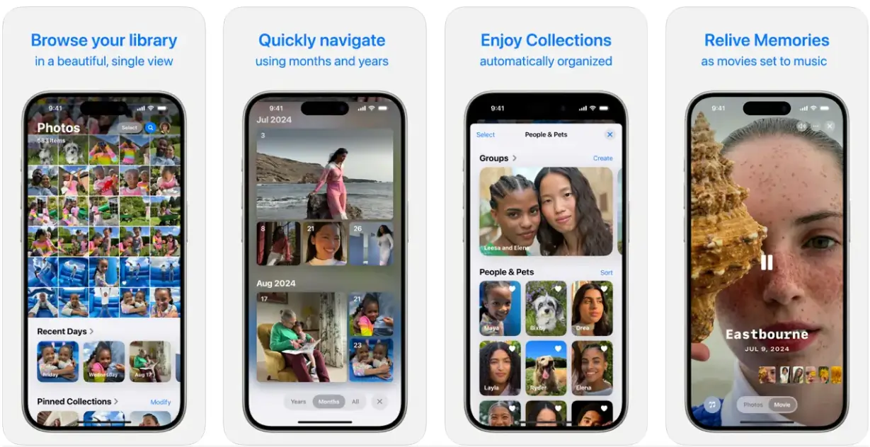 Screenshots of the Photos for iOS app from the Apple App Store product page.
