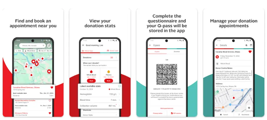 Screenshots of the GiveBlood app from the Google Play Store product page.