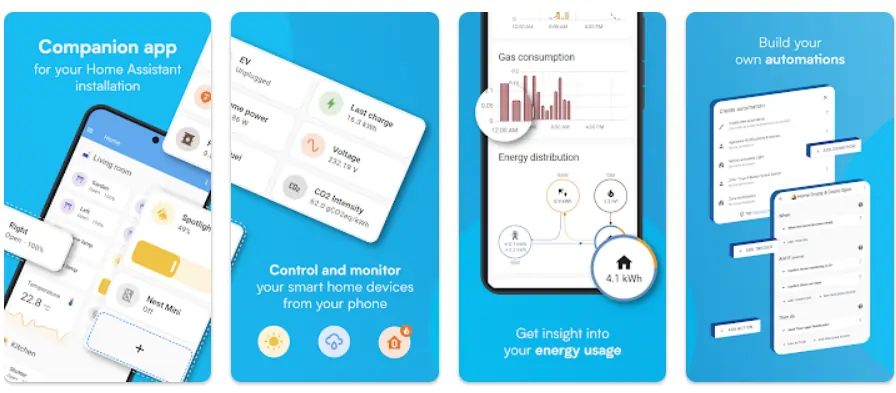 Screenshots of the Home Assistant app from the Google Play Store product page.