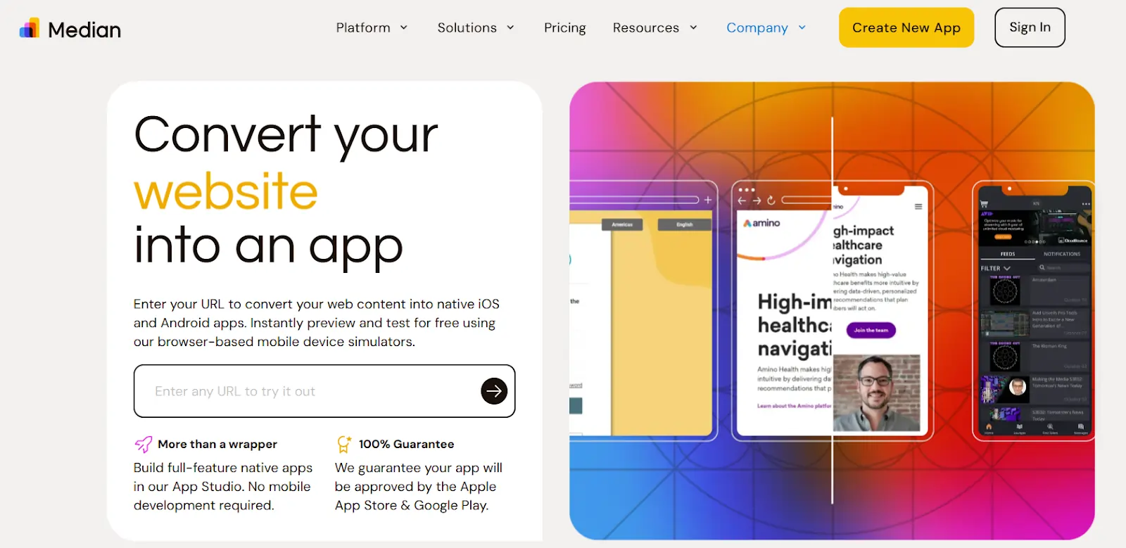 This is a screenshot of the Median.co homepage: Convert your website into an app with Median.co