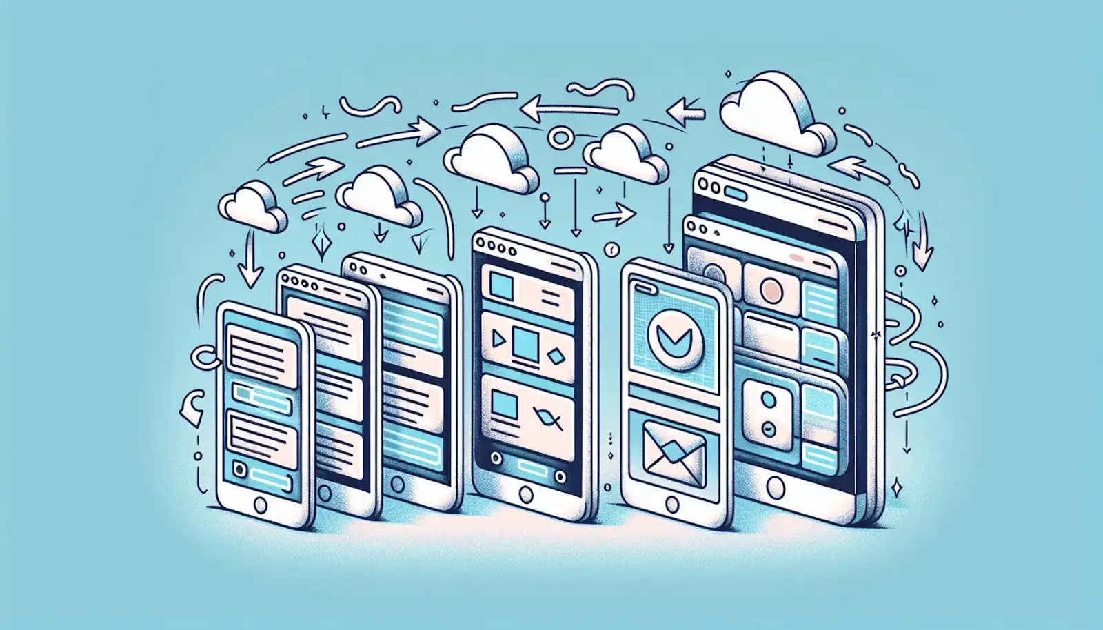 Illustration of a step-by-step guide with a website turning into an app