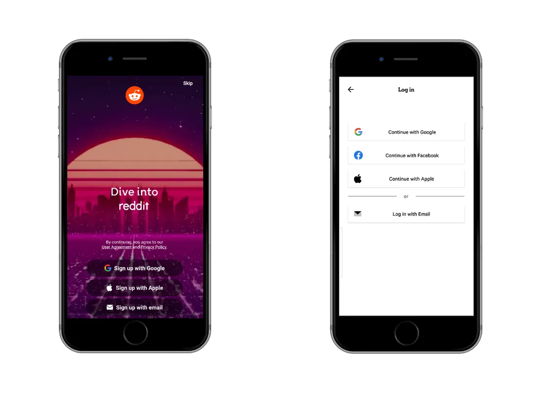 Two iPhones showing the Reddit apps "sign up" and social "log in" pages