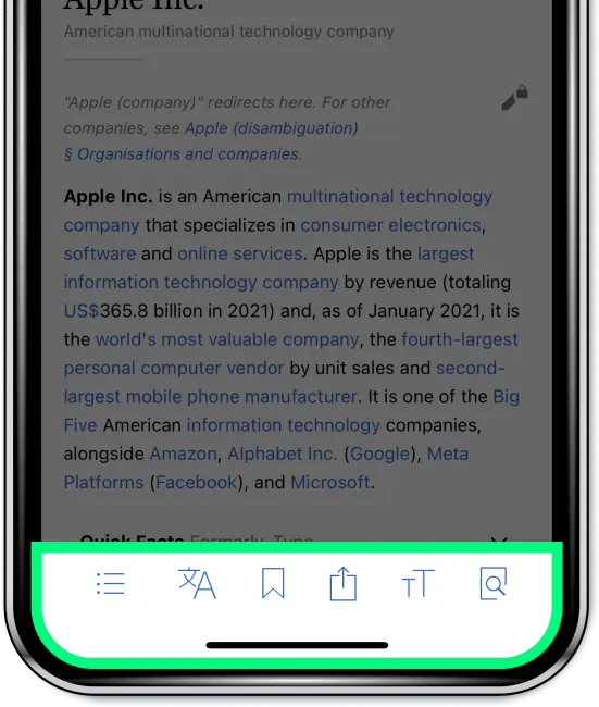 Wikipedia page highlighting their app's bottom navigation bar for easy UX