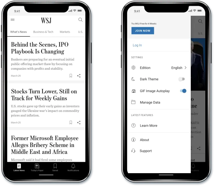 Wall Street Journal app showing prompt to join their newsletter