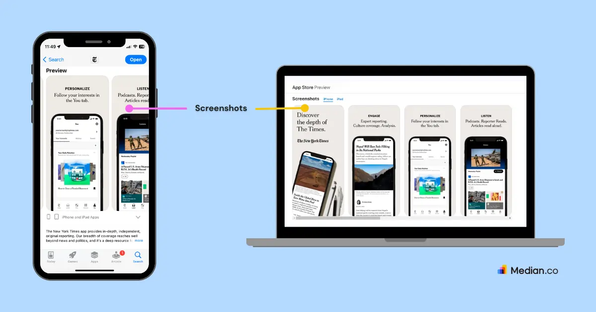 A screenshot of the Apple App Store product page showcasing the app screenshots for The New York Times application.