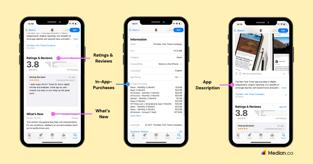 A screenshot of the Apple App Store product page showcasing the app ratings and reviews, in-app-purchases, app description, and what's new for The New York Times application.