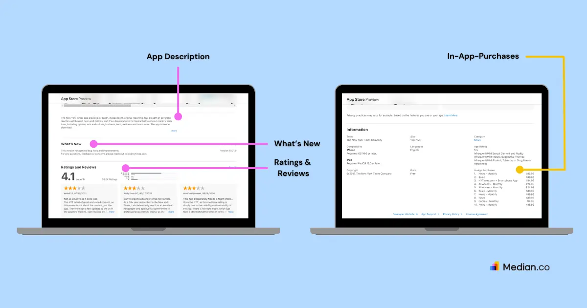 A screenshot (Mac) f the Apple App Store product page showcasing the app ratings and reviews, in-app-purchases, app description, and what's new for The New York Times application.