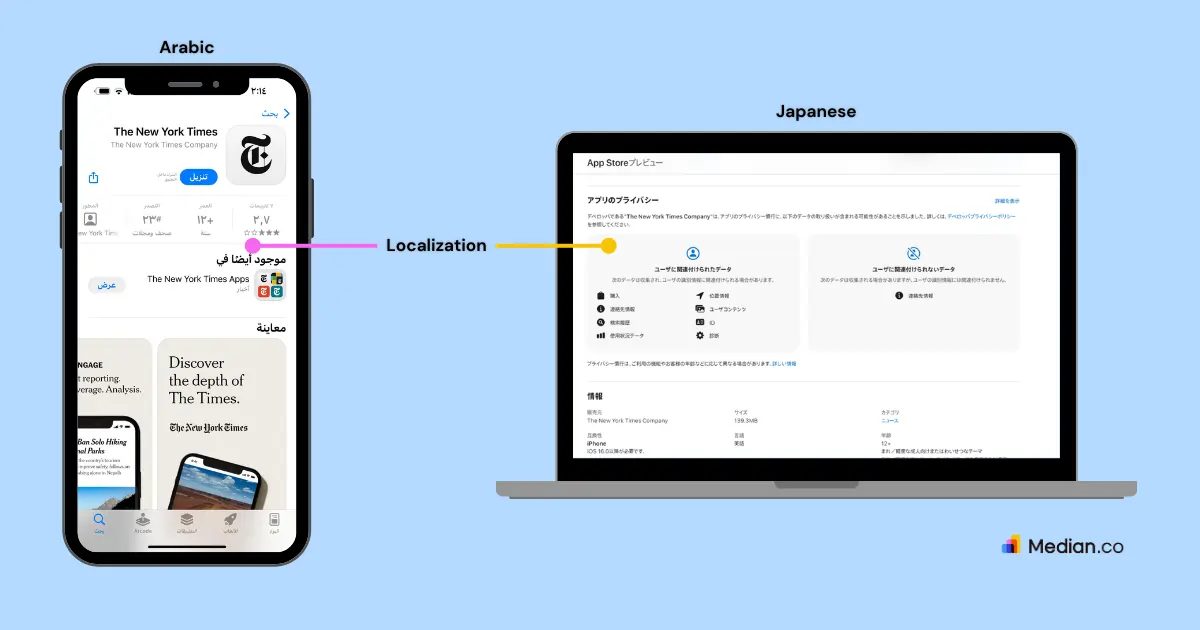 A screenshot of the Apple App Store product page showcasing the localized versions of The New York Times application in Arabic and Japanese.