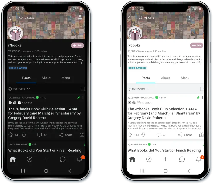 Two screenshots: one showing Books Reddit page in dark mode the other in light mode