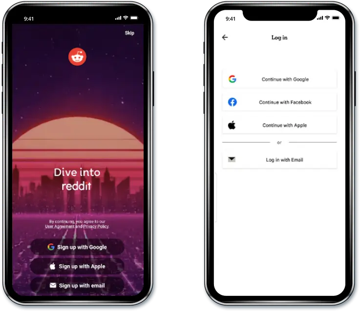 Two iPhones showing the Reddit apps "sign up" and "log in" pages