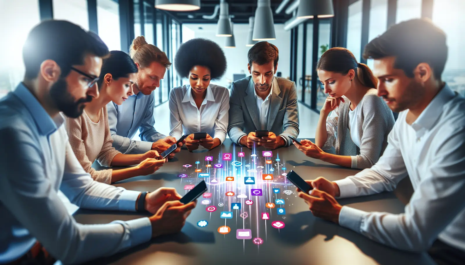 Diverse group of employees using a mobile app for employee engagement