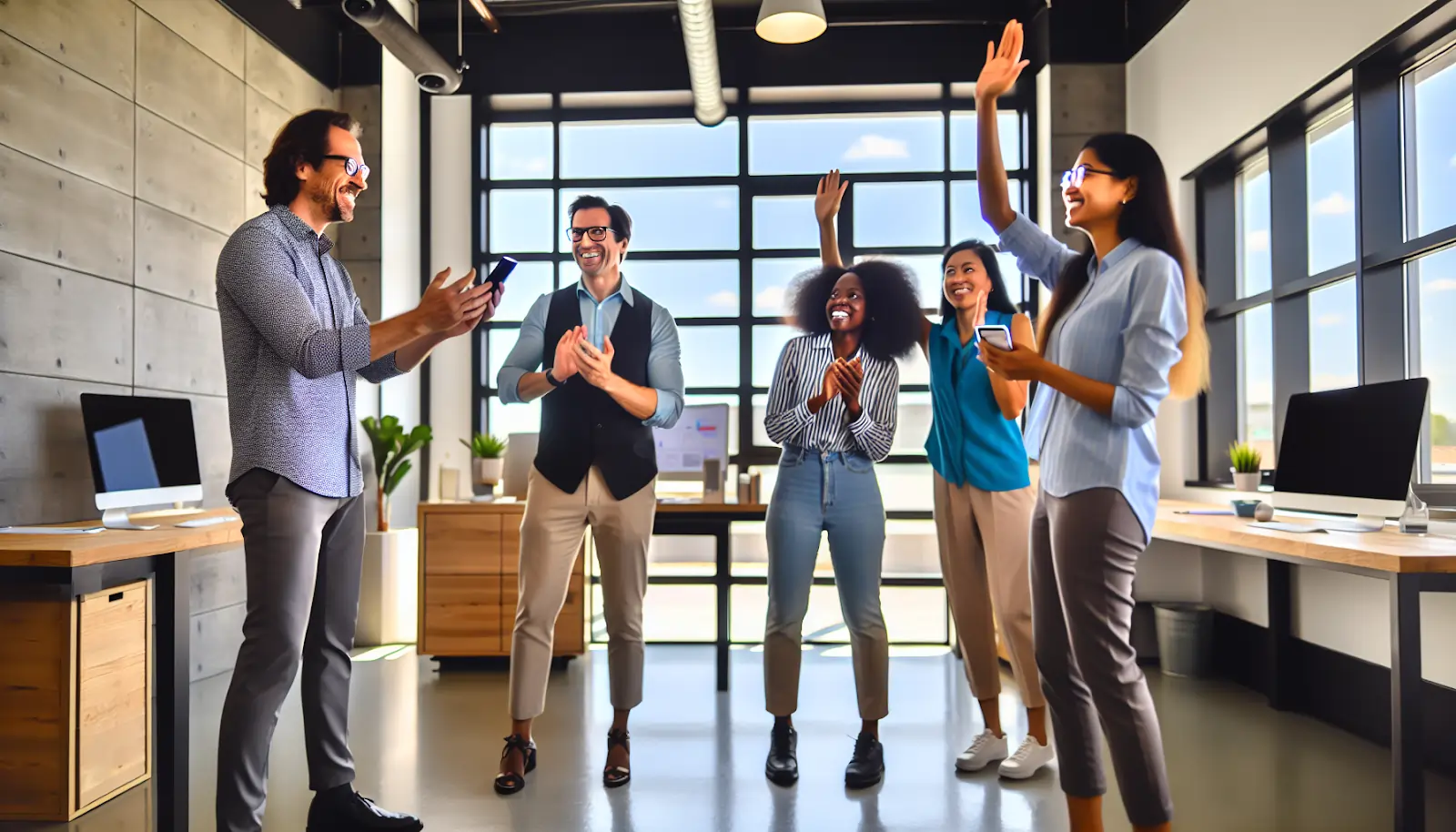 Team celebrating the successful launch of the employee engagement app