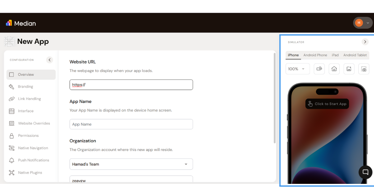 Median's App Studio showing its simulator on the right
