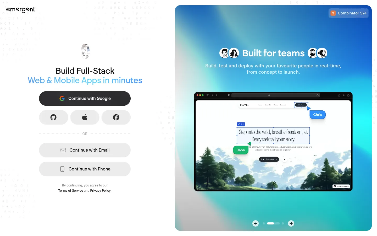 A screenshot of the Emergent website.