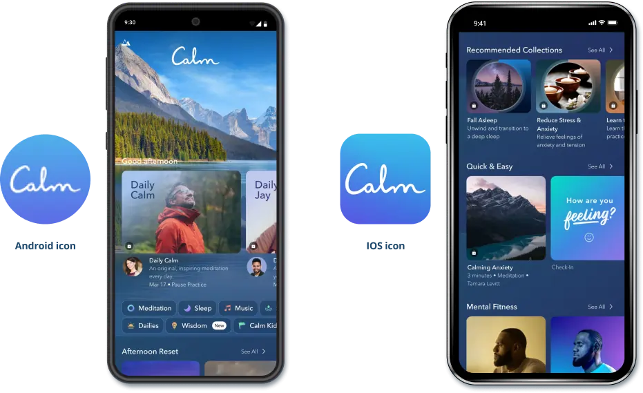 Calm app's app icon alongside its homepage and items on display