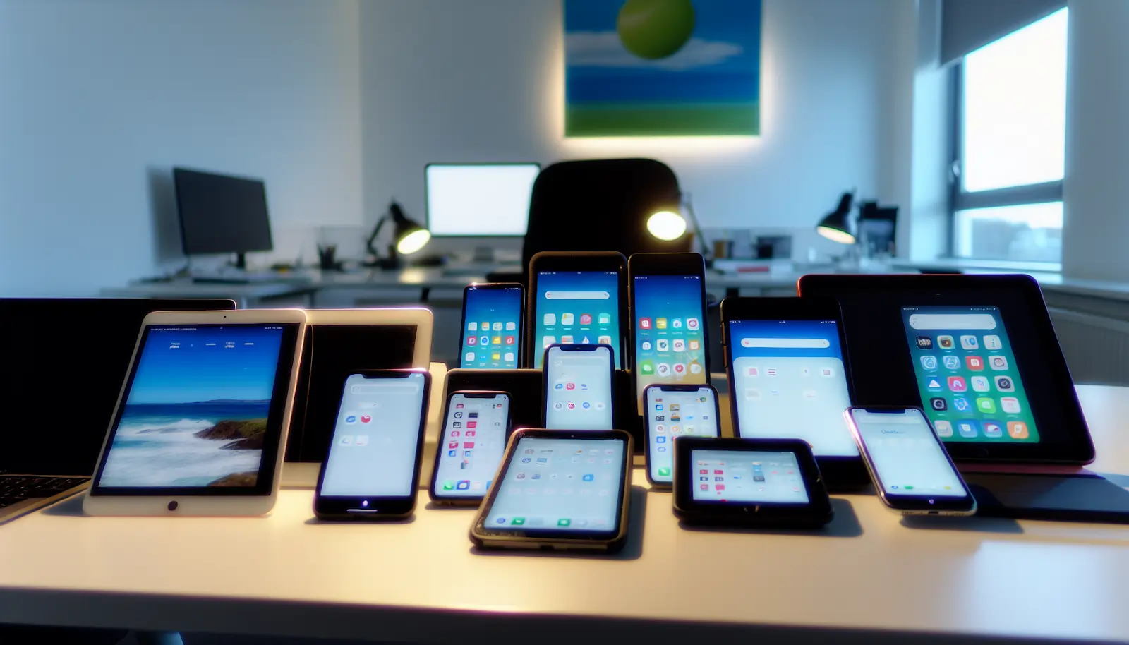 Photo of multiple mobile devices being tested