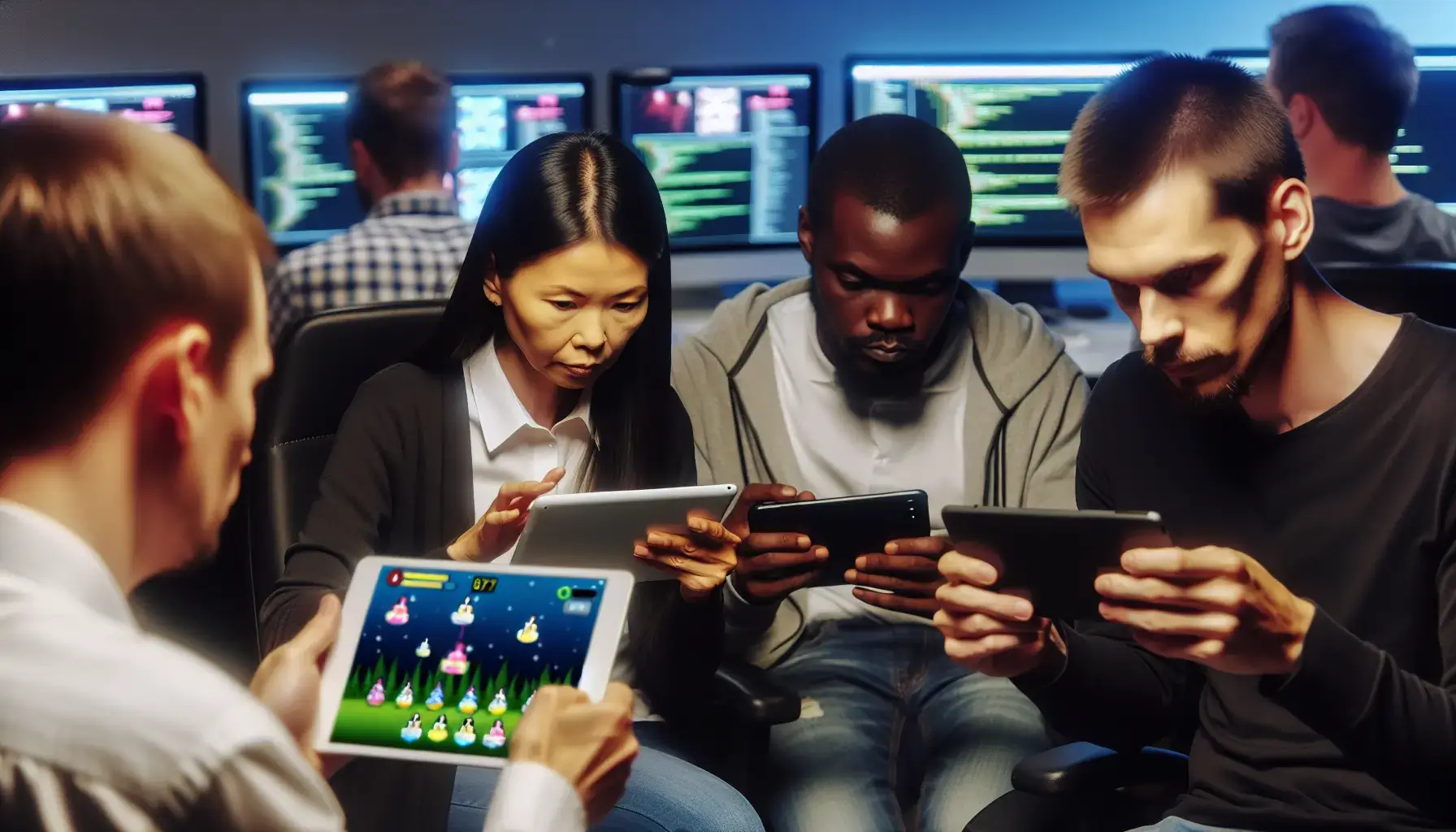 Developers testing game app on multiple devices