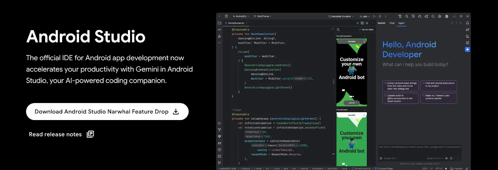 A screenshot of the Android Studio homepage from Google.