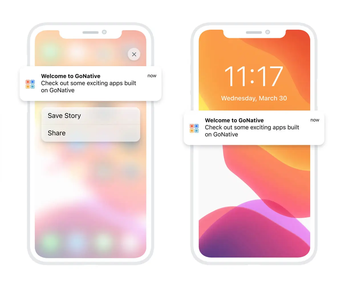 A screenshot of two white iPhones showing push notifications from GoNative.io which is now Median.co about building apps.