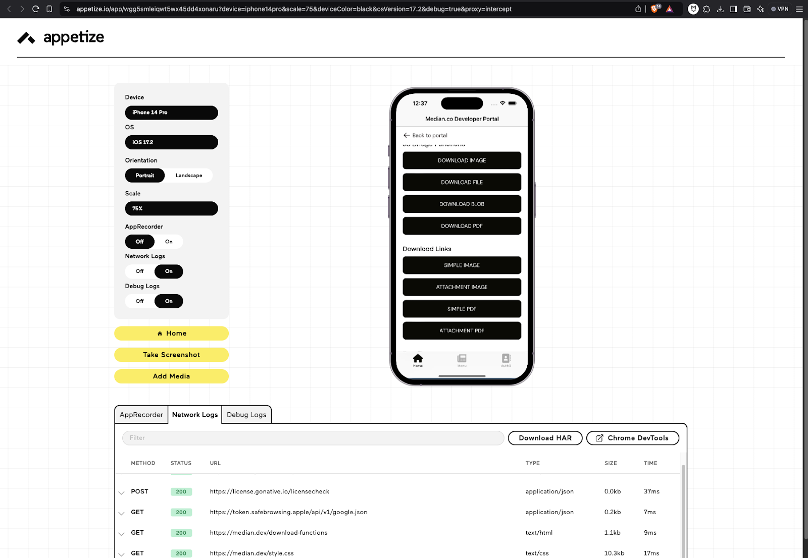 A screenshot of the Appetize Debug mode.