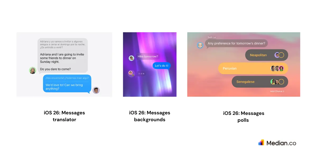 A screenshot of new iOS 26 features related to the Messages app.