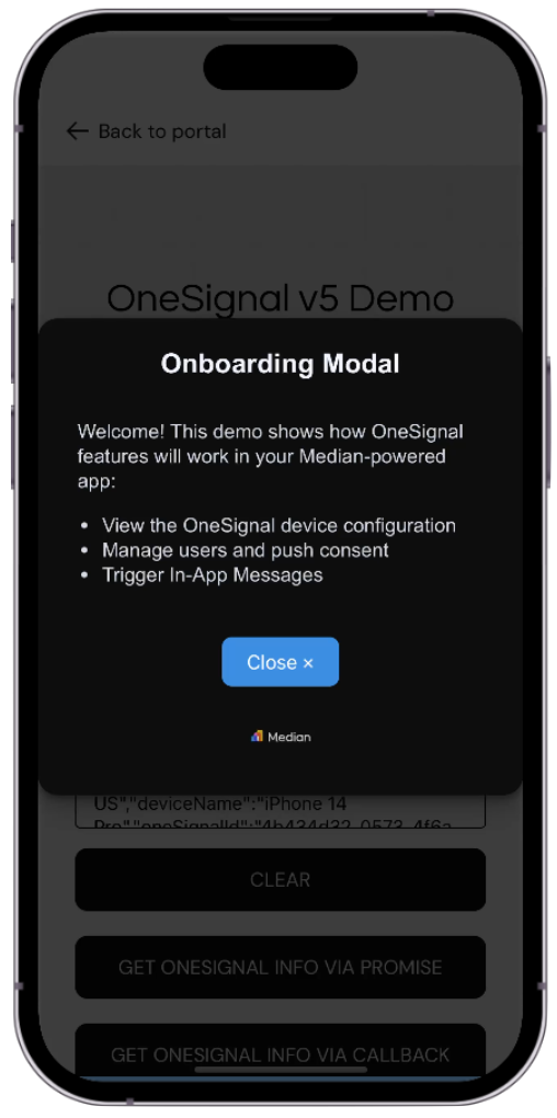 A screenshot showing onboarding with OneSignal In-App Messages.