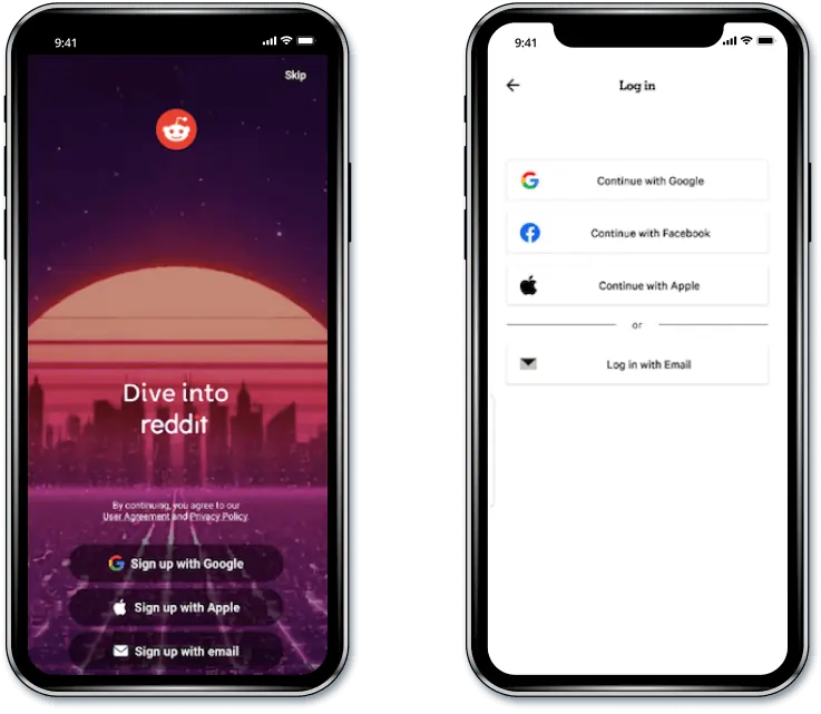Two iPhones, one showing the Reddit sign-up page and the other showing different methods used to login into Reddit’s app