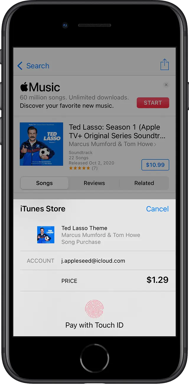 A prompt, on an iPhone, within the Apple Music app, to purchase the Ted Lasso Season 1 theme song for US$1.29.