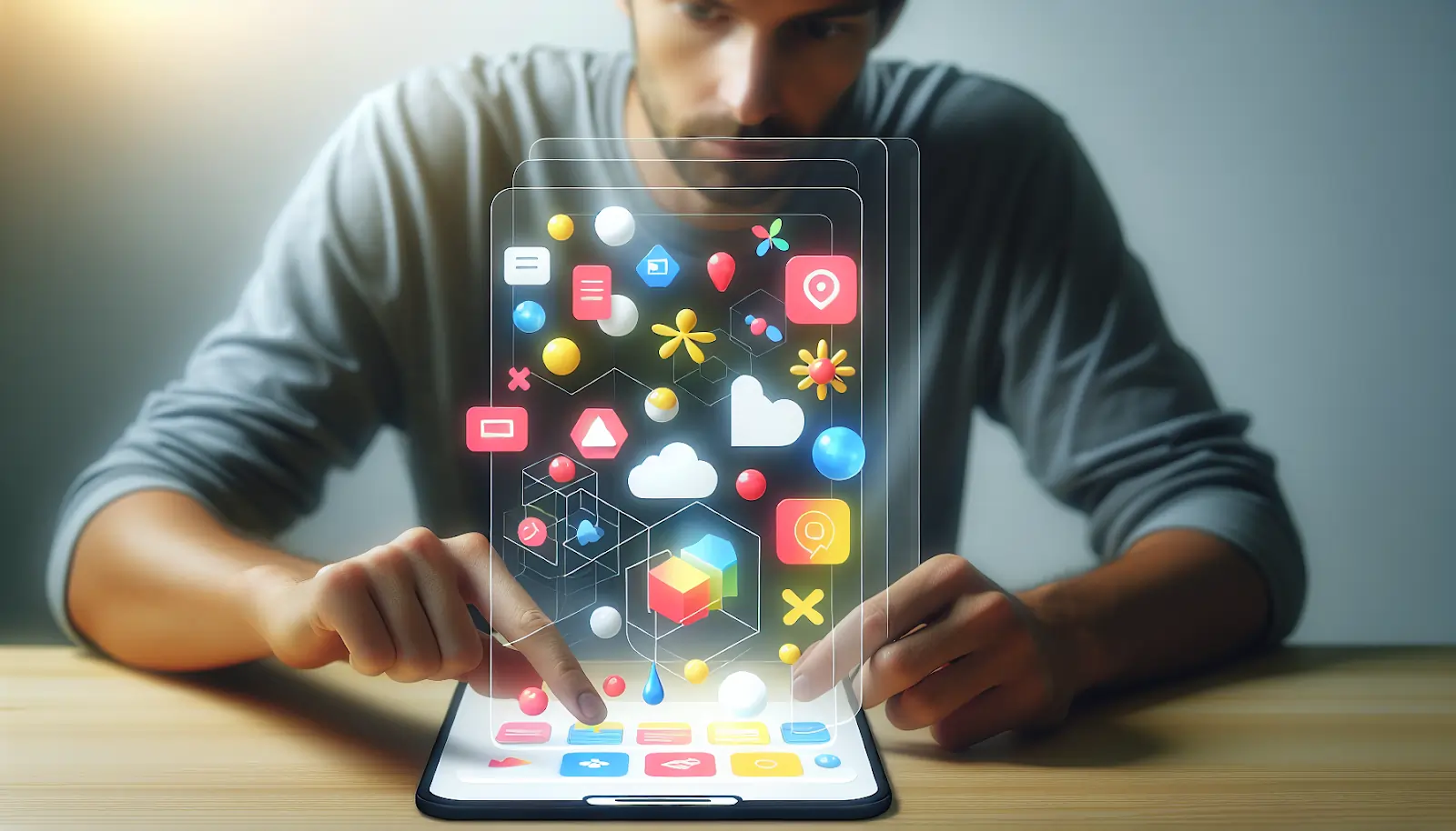Illustration of a person using a drag and drop interface to create an app