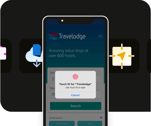 Screenshot of Travelodge iPhone app with Touch ID login prompt.