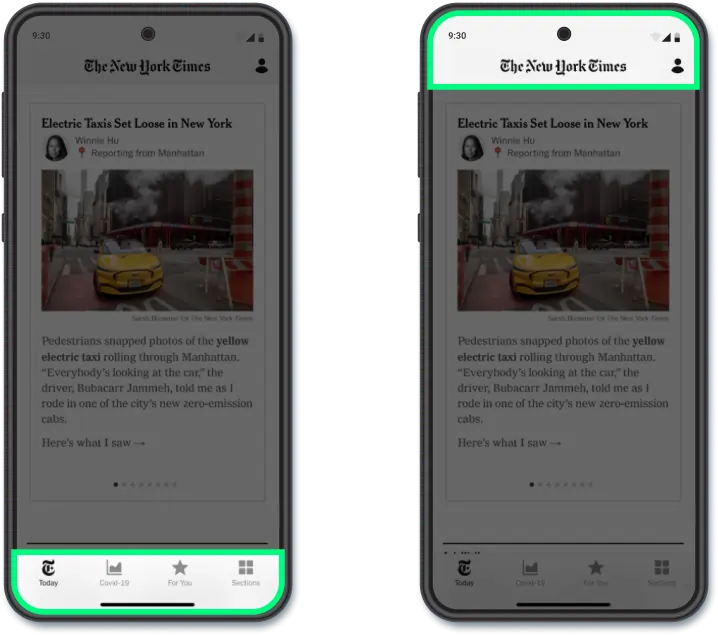 Two iPhones displaying New York Times app interface.