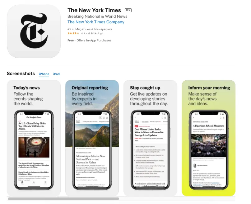 Display of the Apple App Store showing The New York Times App alongside screenshots of what the inside of the app looks like.
