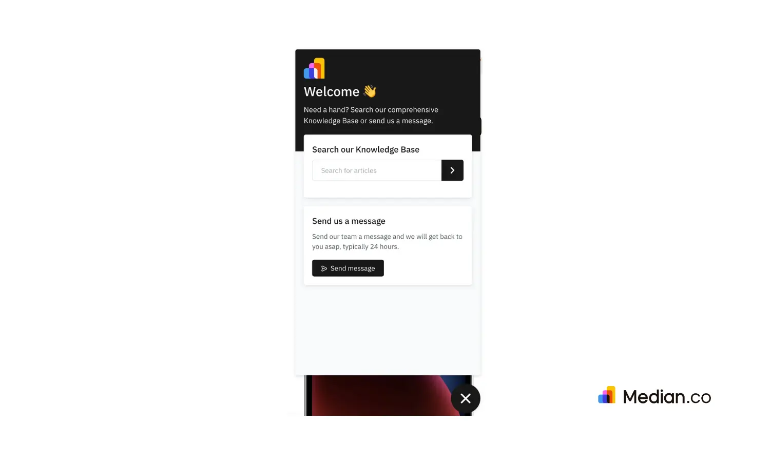 A screenshot showing the "Send message" button on the Median platform.