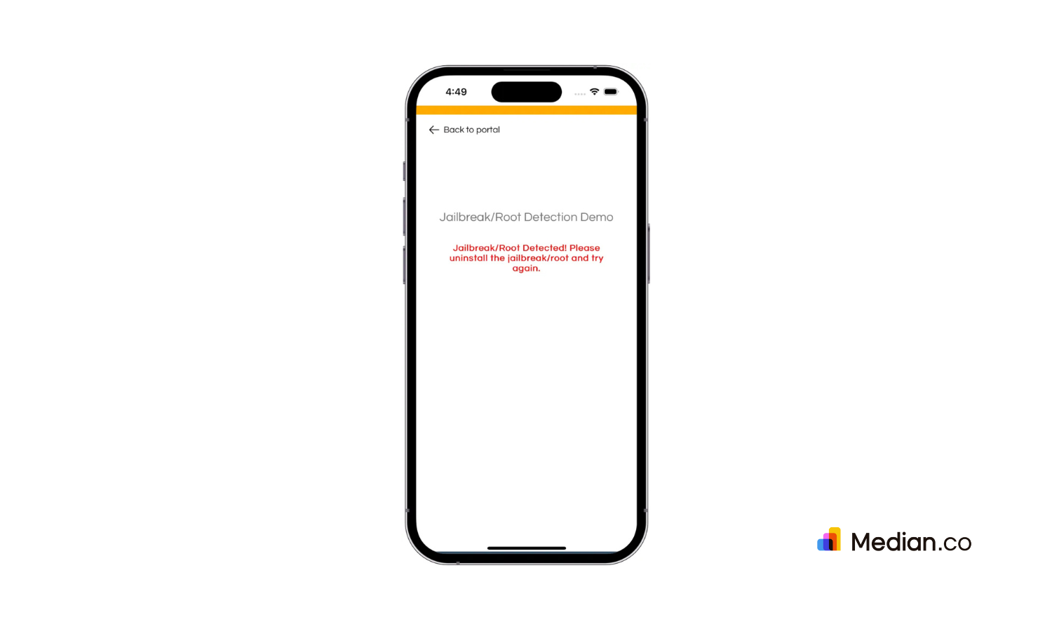 A screenshot showing Median's Jailbreak/Root Detection native plugin in action.