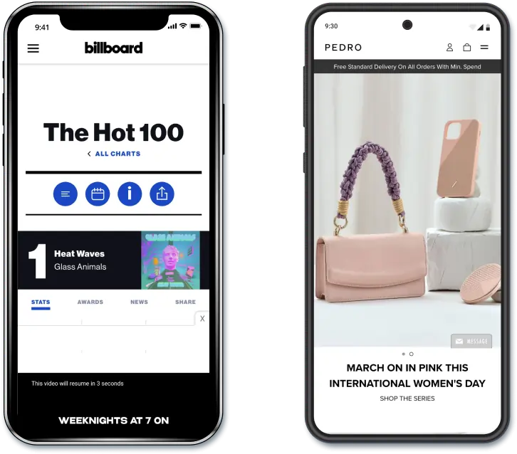 iPhones displaying Billboard top 100 charts #1 song Heat Waves by Glass Animals & Pedro’s International Women’s Day sale