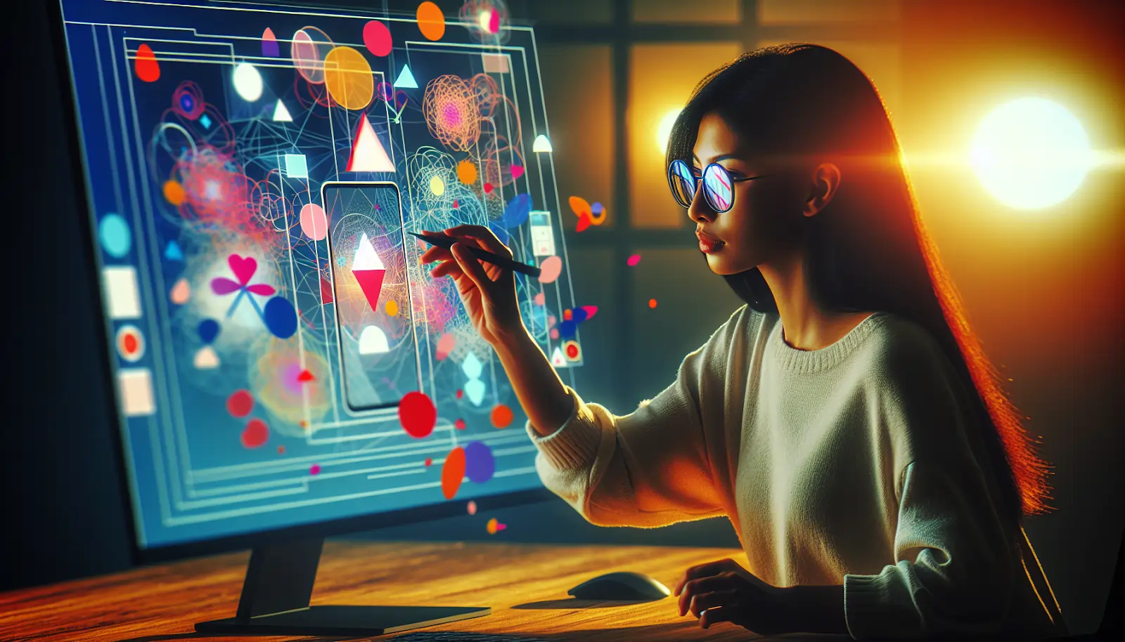 Illustration of a person using a drag-and-drop tool to build a mobile app