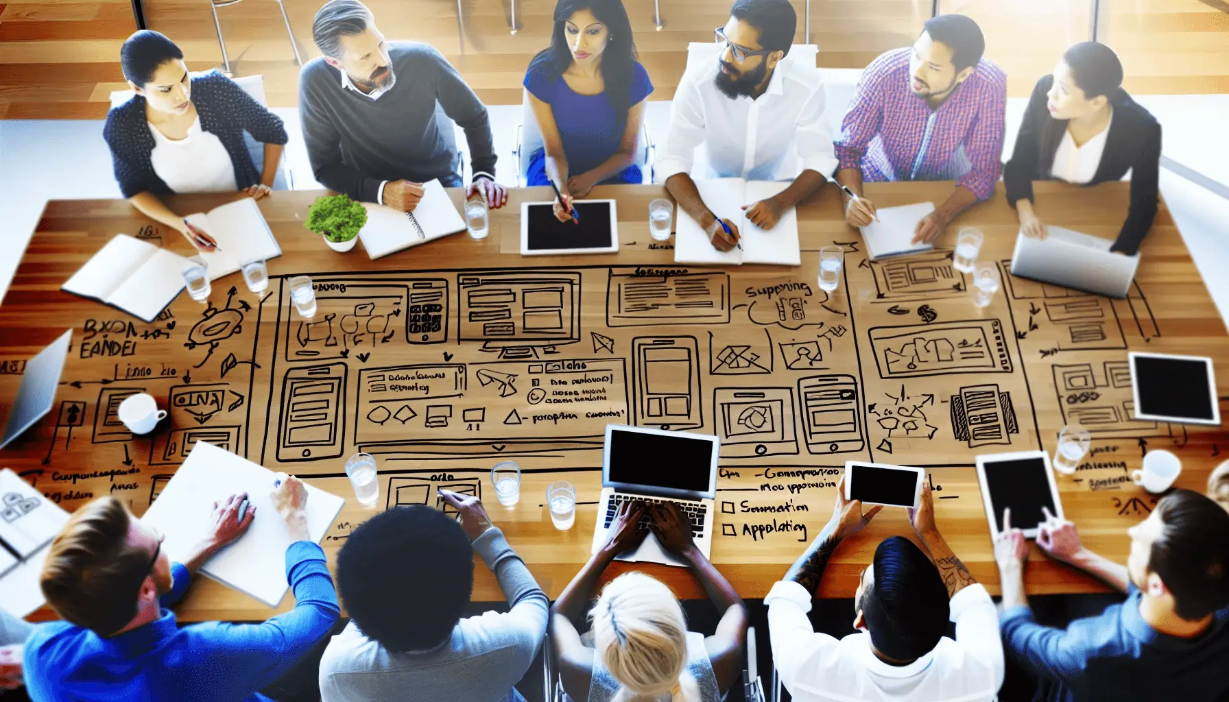 Mobile app development team discussing ecommerce app features