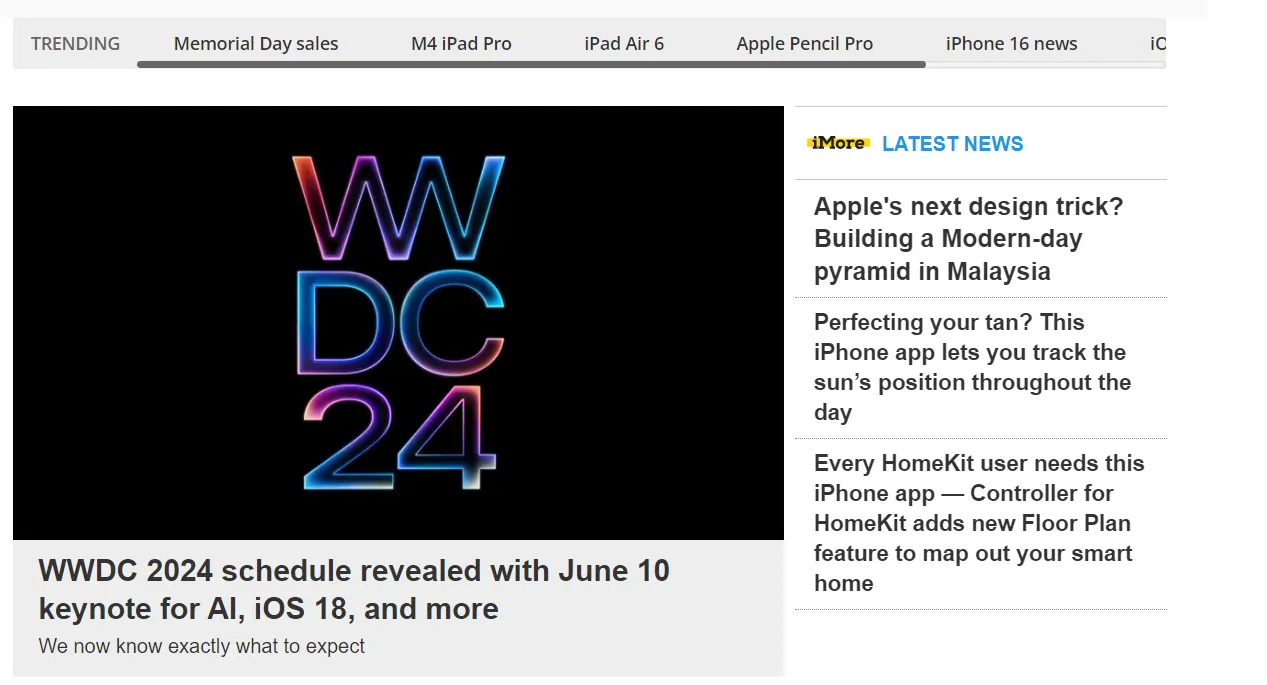 A screenshot of the iMore website