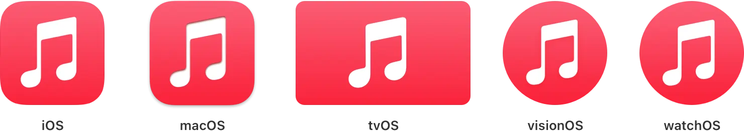 Music app's icon displayed in iOS, macOS, tvOS, visionOS, and watchOS