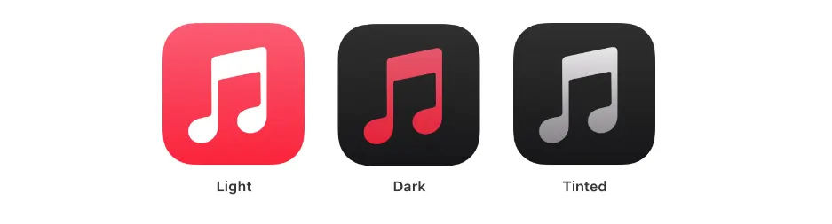 Music app icon shown in light, dark, and tinted modes.