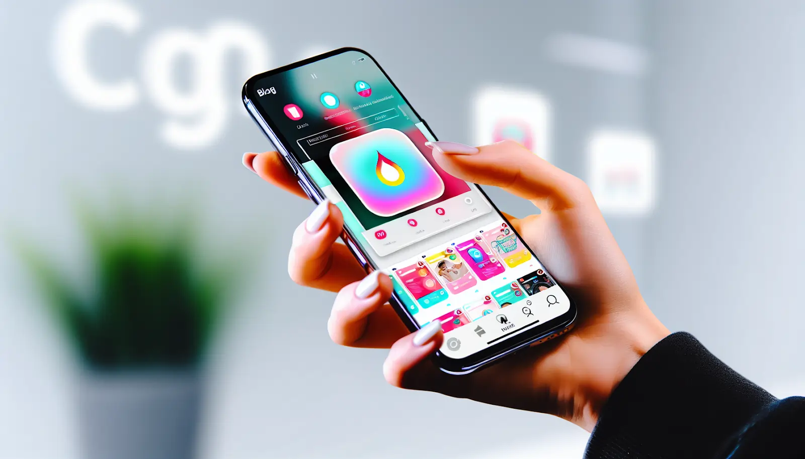 Mobile phone with app icon and screenshots